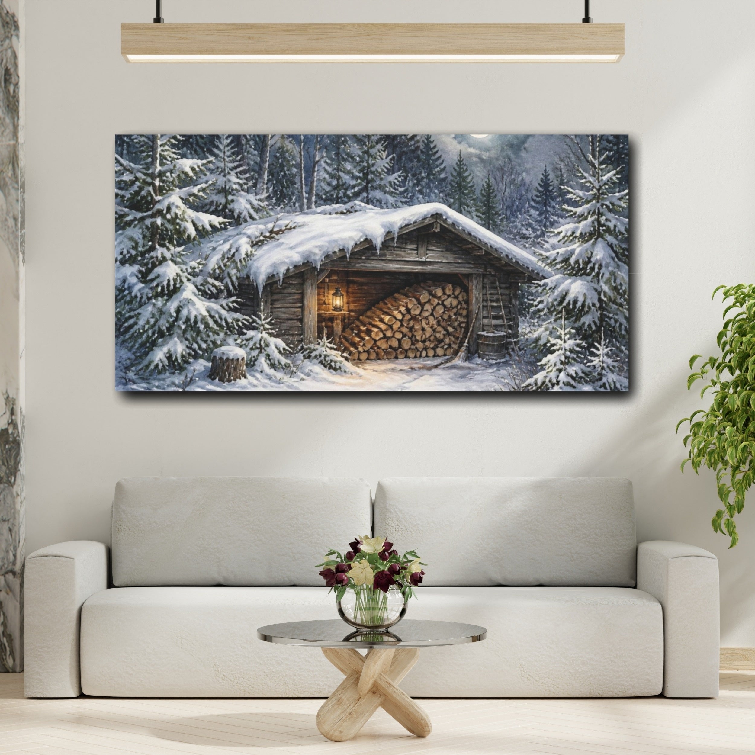 Mockup 2. Rustic Moonlit Woodshed shown as canvas print