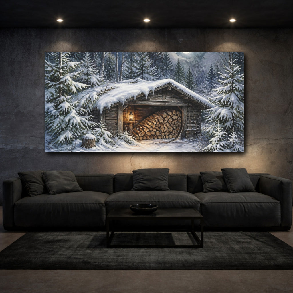 Mockup 3. Rustic Moonlit Woodshed shown as canvas print