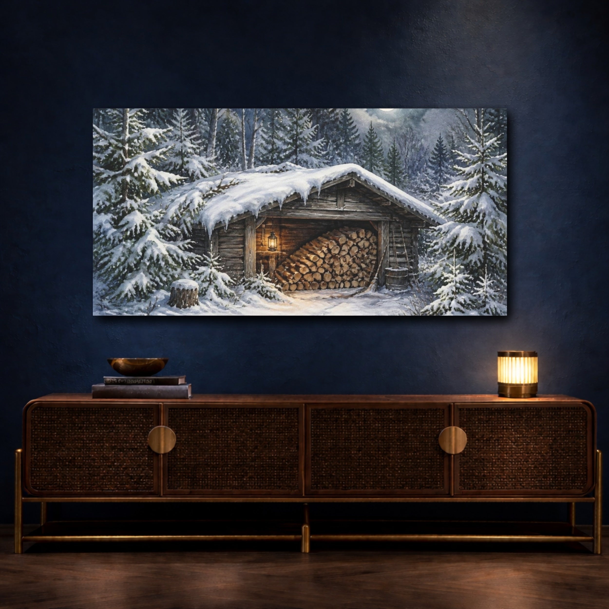 Mockup 4. Rustic Moonlit Woodshed shown as canvas print