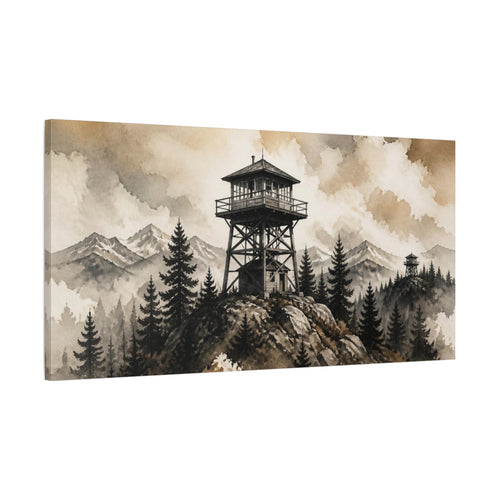 Main Mockup. Rustic Mountain Lookout Tower shown as canvas print