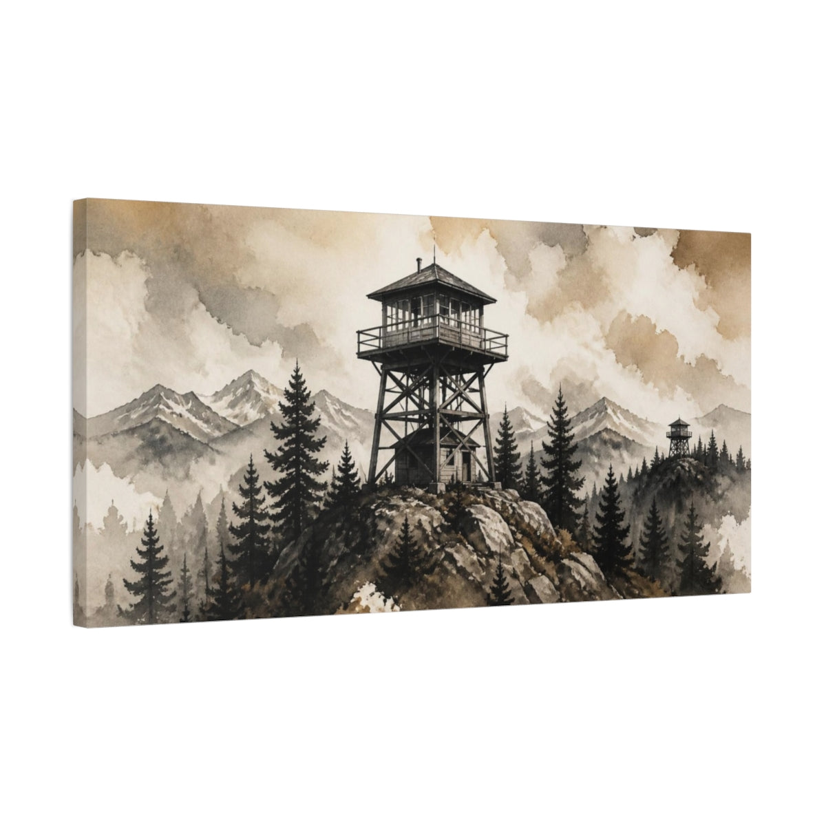 Side Mockup 1. Rustic Mountain Lookout Tower shown as canvas print