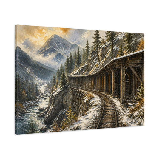 Main Mockup. Rustic Mountain Railway shown as canvas print