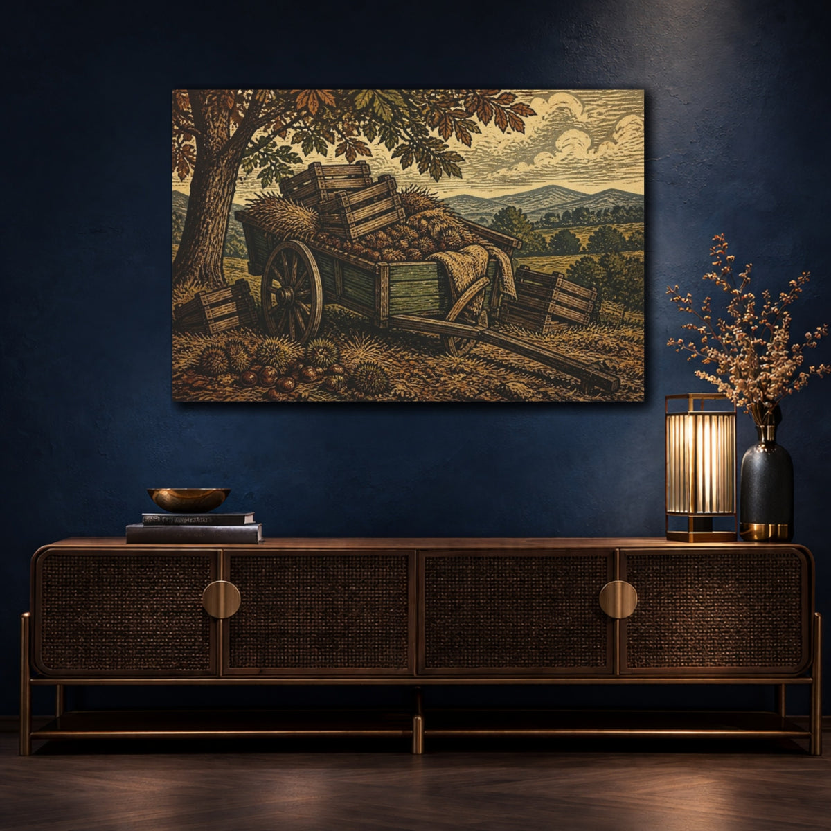 Mockup 4. Rustic Orchard Cart shown as canvas print