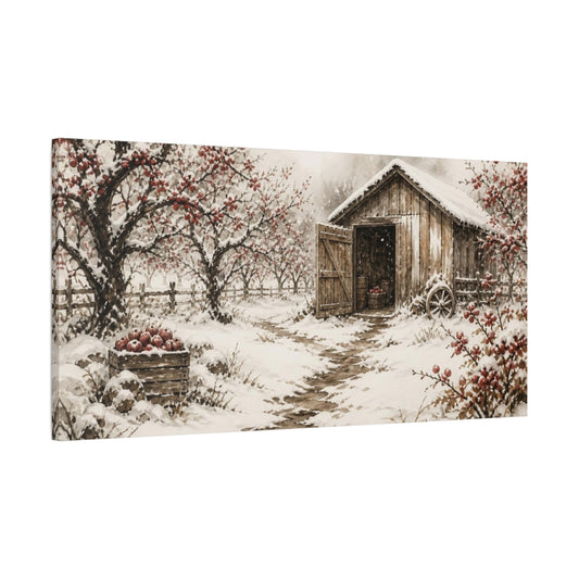 Main Mockup. Rustic Orchard Shed shown as canvas print