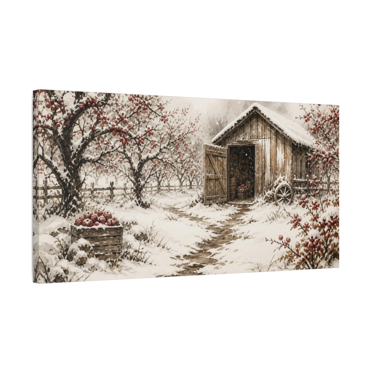 Side Mockup 1. Rustic Orchard Shed shown as canvas print