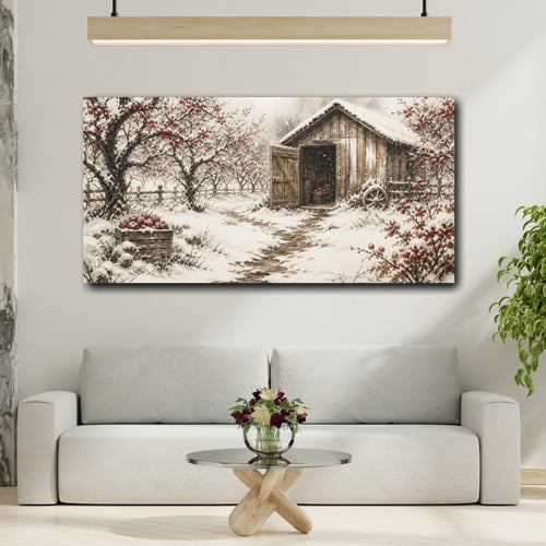 Mockup 2. Rustic Orchard Shed shown as canvas print