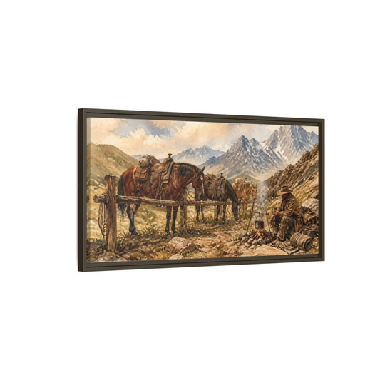 Main Mockup. Rustic Packhorse Camp shown as framed canvas print