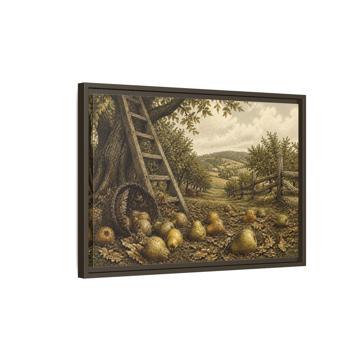 Side Mockup 2. Rustic Pear Harvest shown as framed canvas print