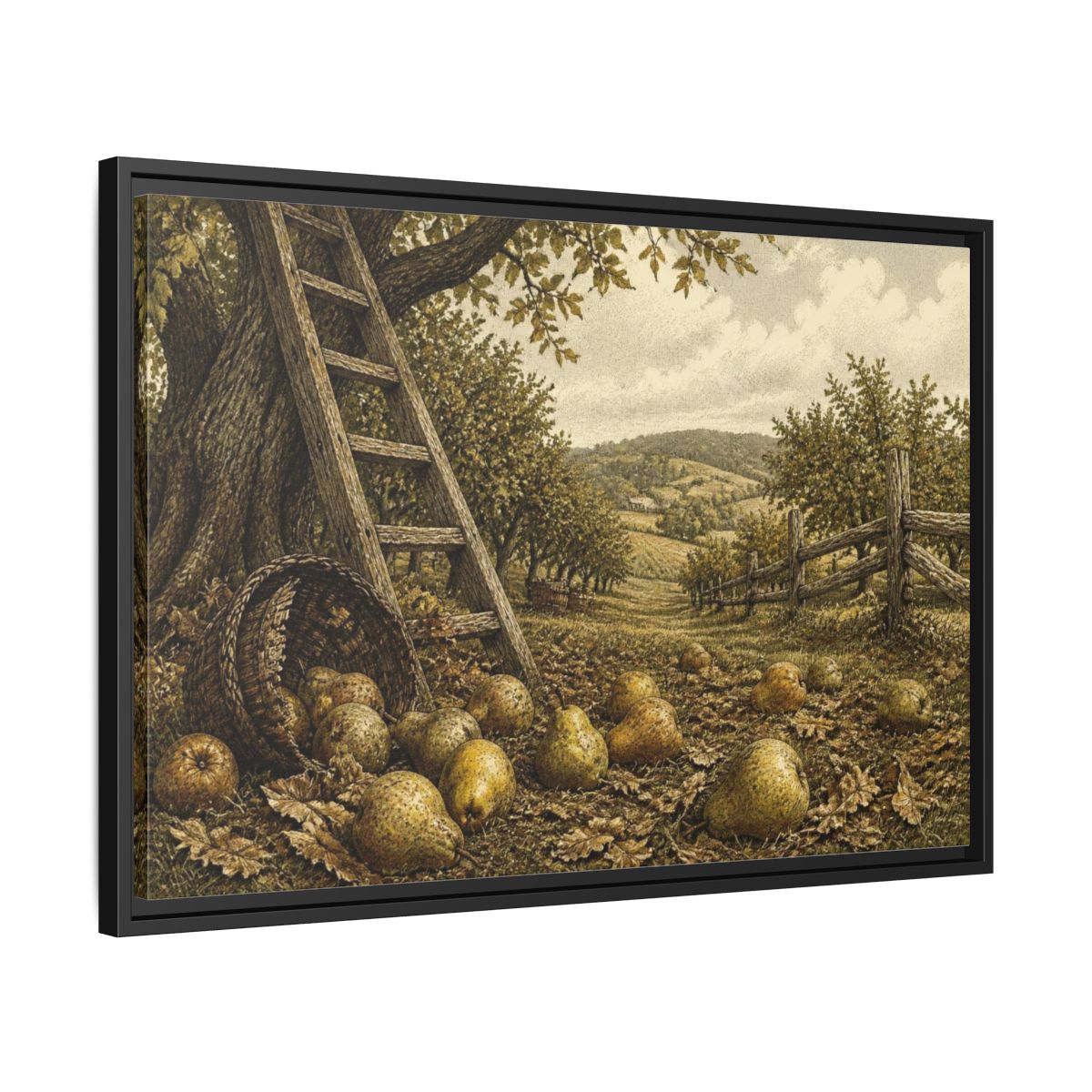 Side Mockup 14. Rustic Pear Harvest shown as framed canvas print