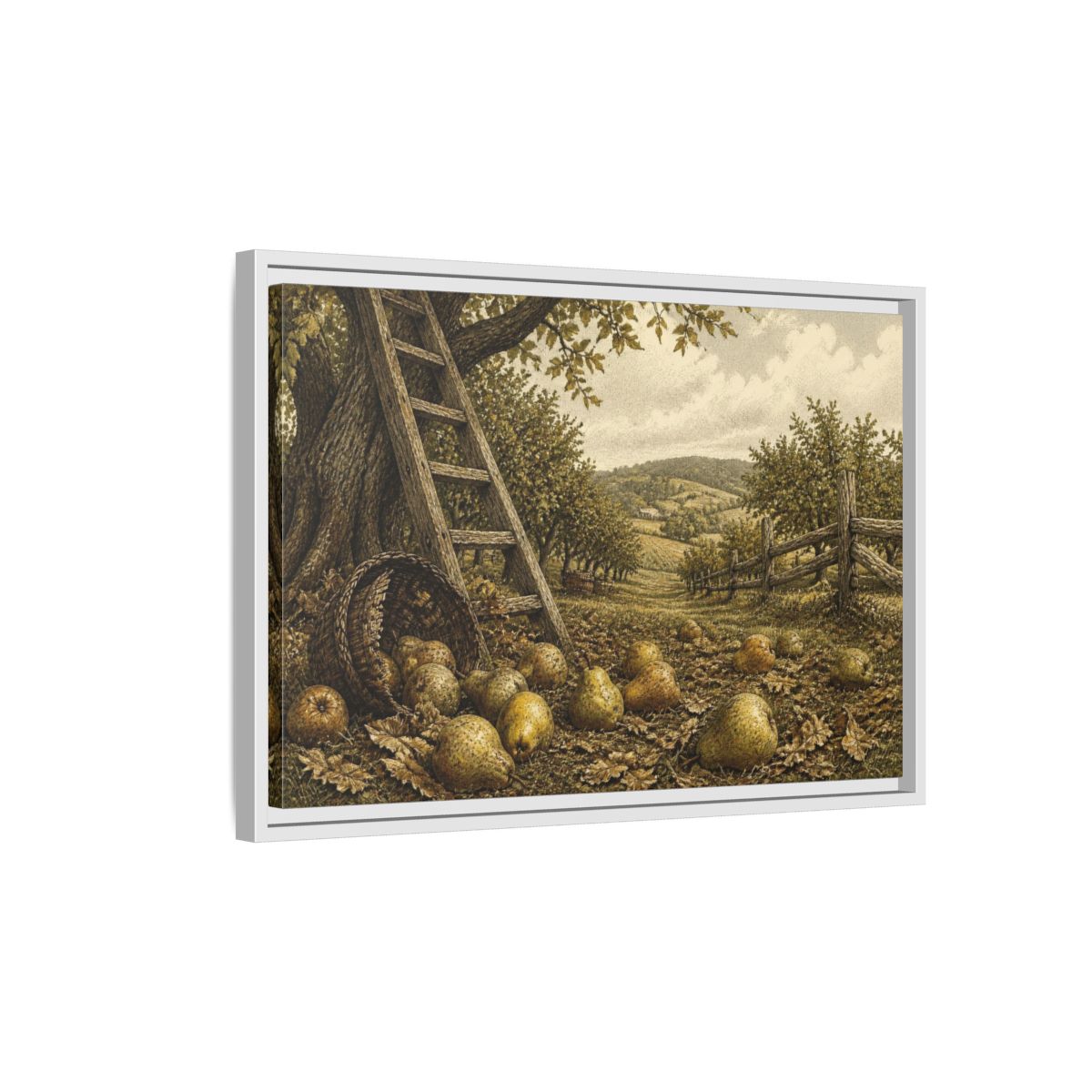 Side Mockup 1. Rustic Pear Harvest shown as framed canvas print