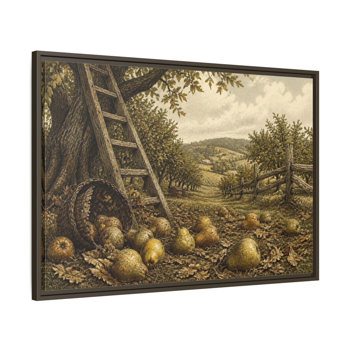 Main Mockup. Rustic Pear Harvest shown as framed canvas print