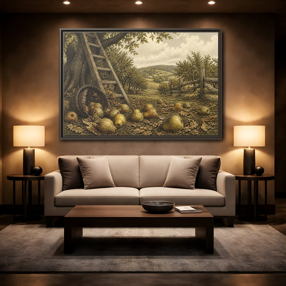 Mockup 2. Rustic Pear Harvest shown as framed canvas print