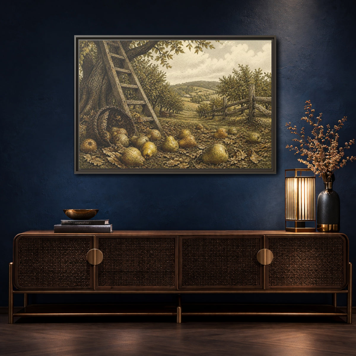 Mockup 4. Rustic Pear Harvest shown as framed canvas print