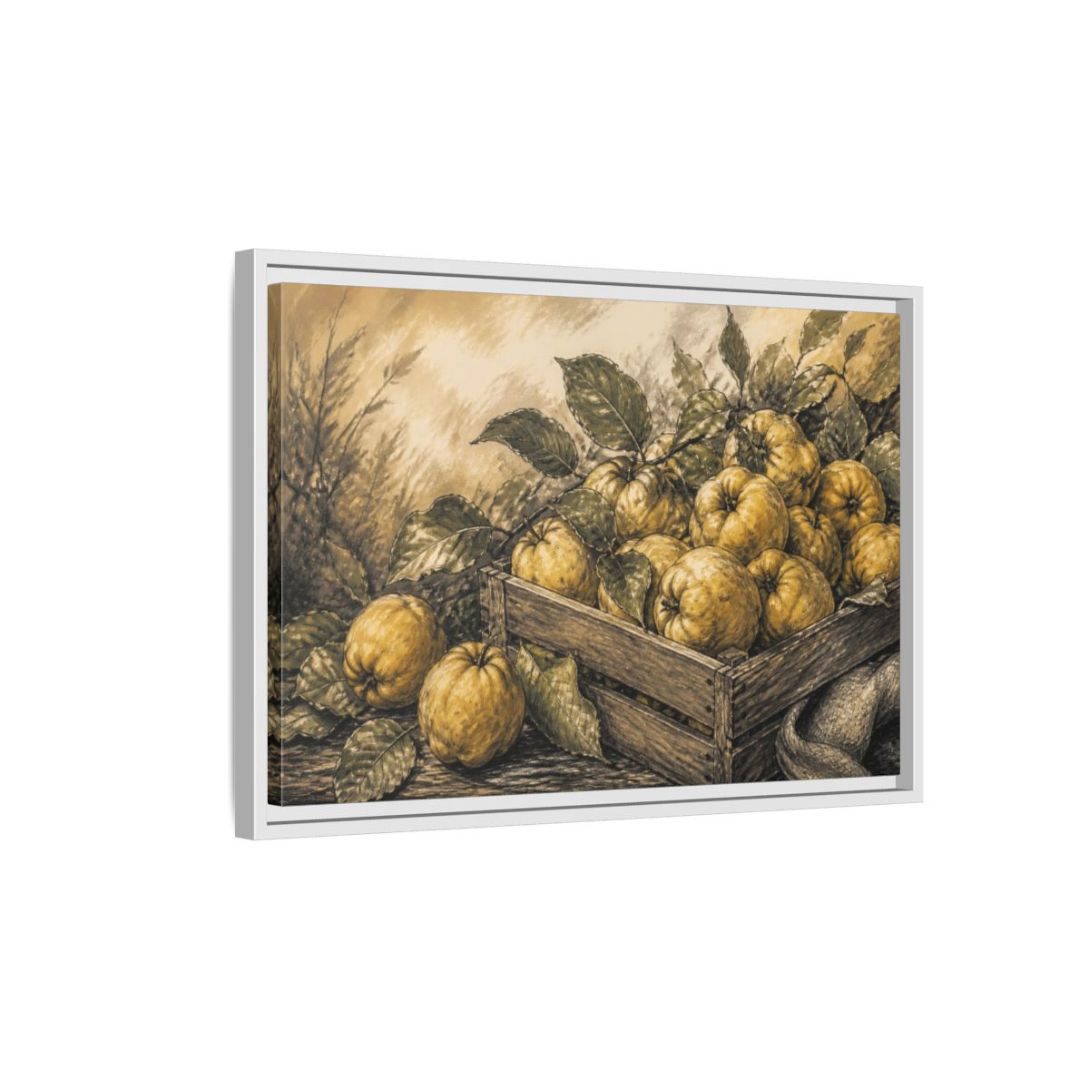 Side Mockup 1. Rustic Quince Harvest shown as framed canvas print