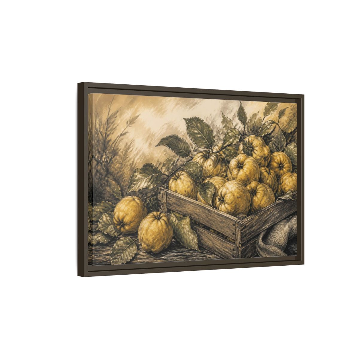 Side Mockup 2. Rustic Quince Harvest shown as framed canvas print