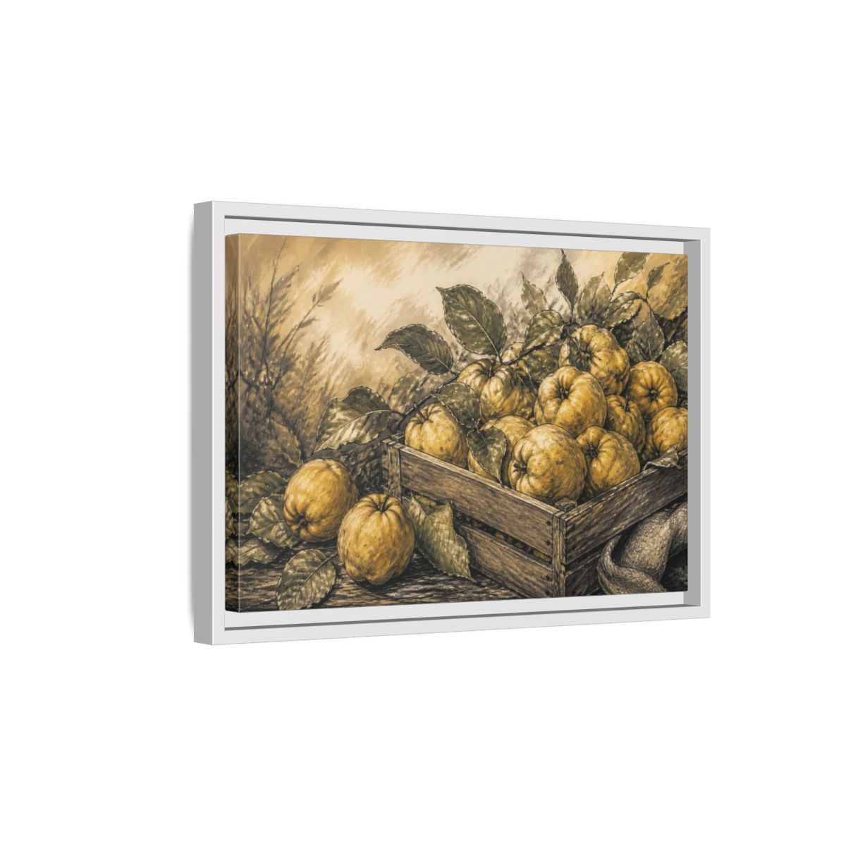 Side Mockup 4. Rustic Quince Harvest shown as framed canvas print