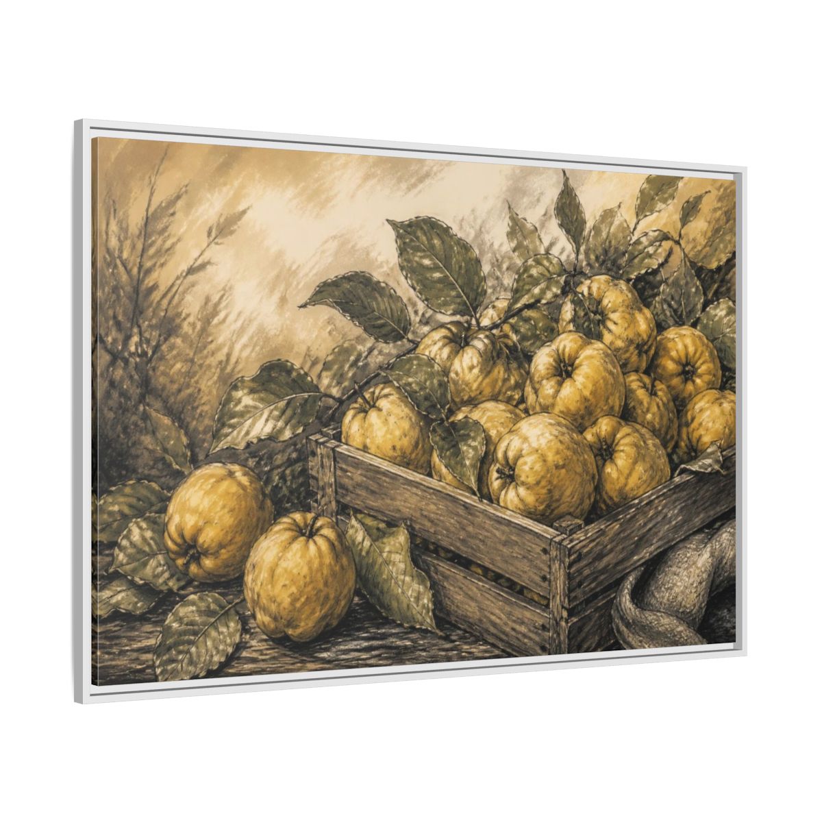 Side Mockup 7. Rustic Quince Harvest shown as framed canvas print