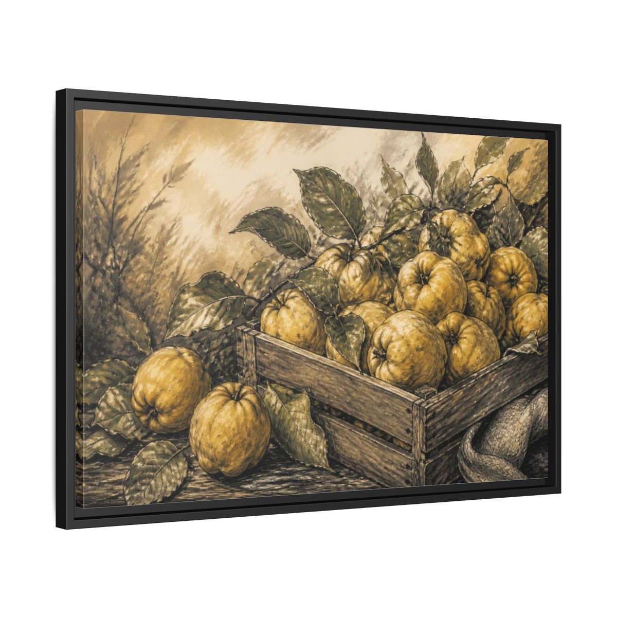 Side Mockup 14. Rustic Quince Harvest shown as framed canvas print