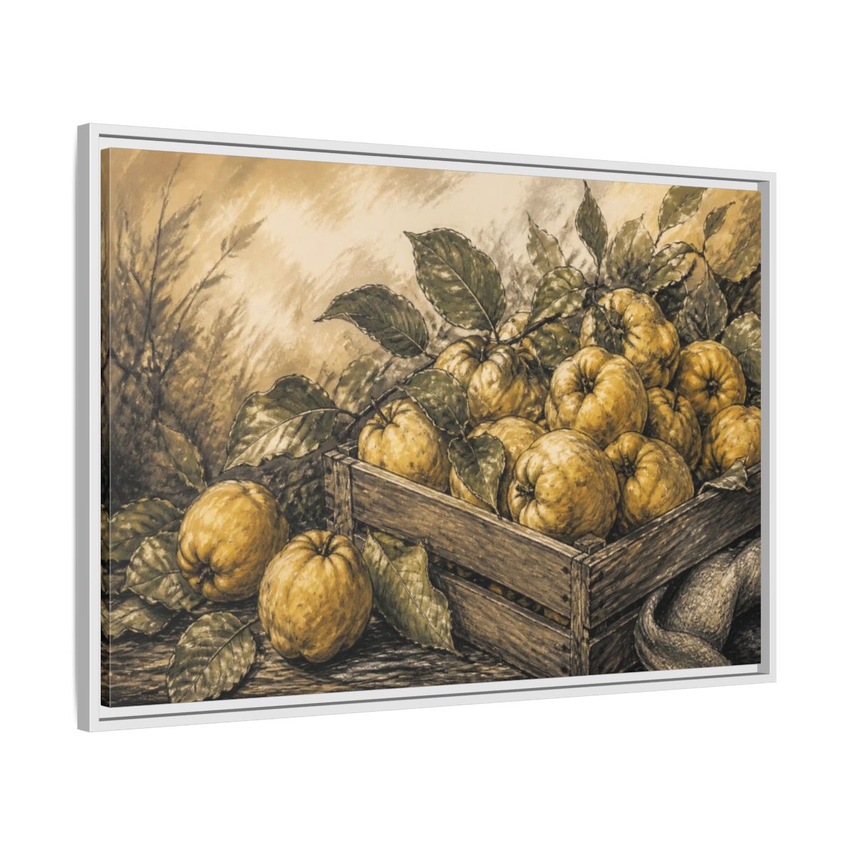 Side Mockup 9. Rustic Quince Harvest shown as framed canvas print