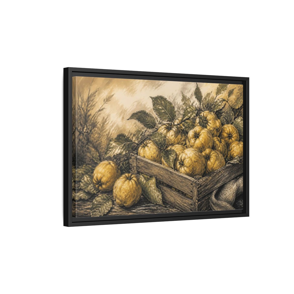 Side Mockup 3. Rustic Quince Harvest shown as framed canvas print