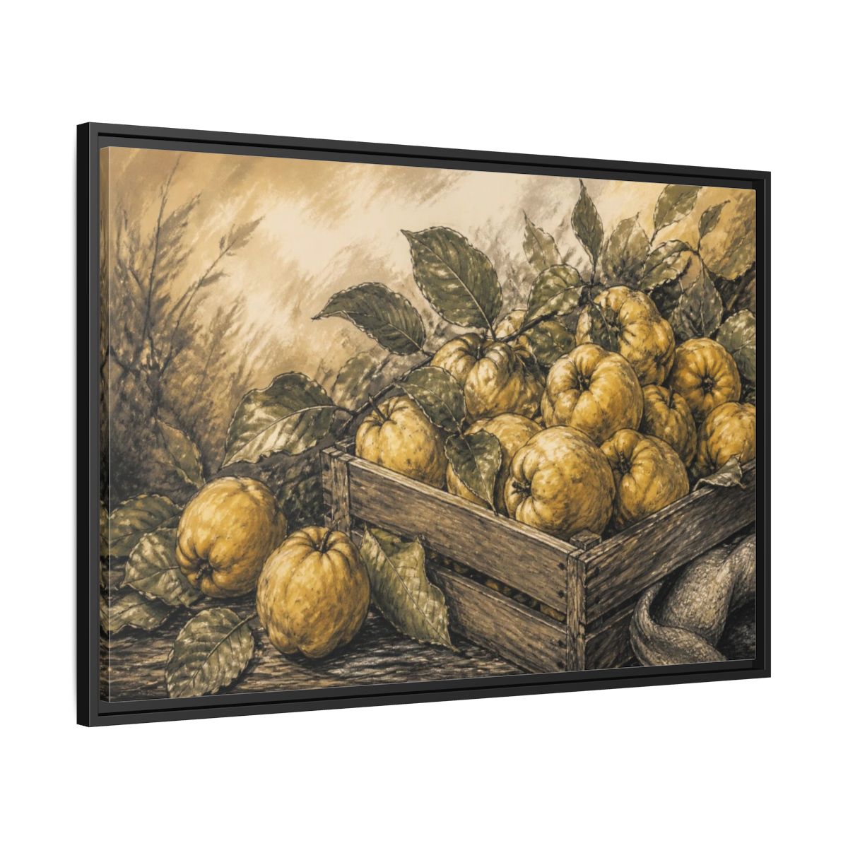 Side Mockup 13. Rustic Quince Harvest shown as framed canvas print