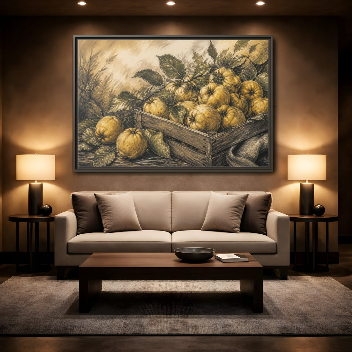 Mockup 2. Rustic Quince Harvest shown as framed canvas print