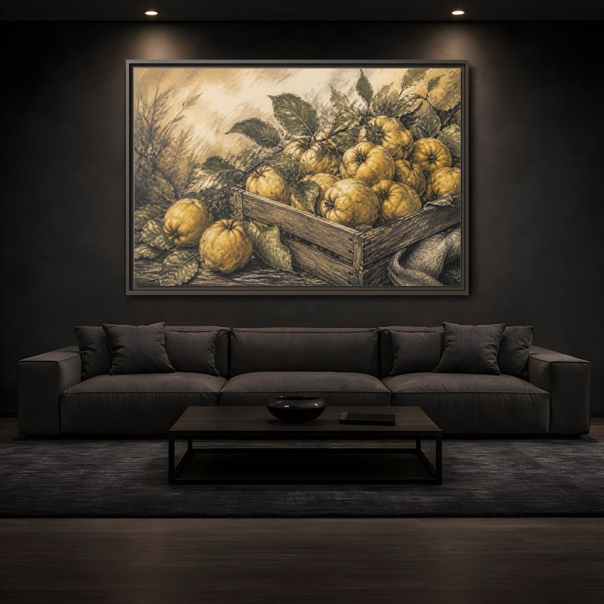 Mockup 3. Rustic Quince Harvest shown as framed canvas print