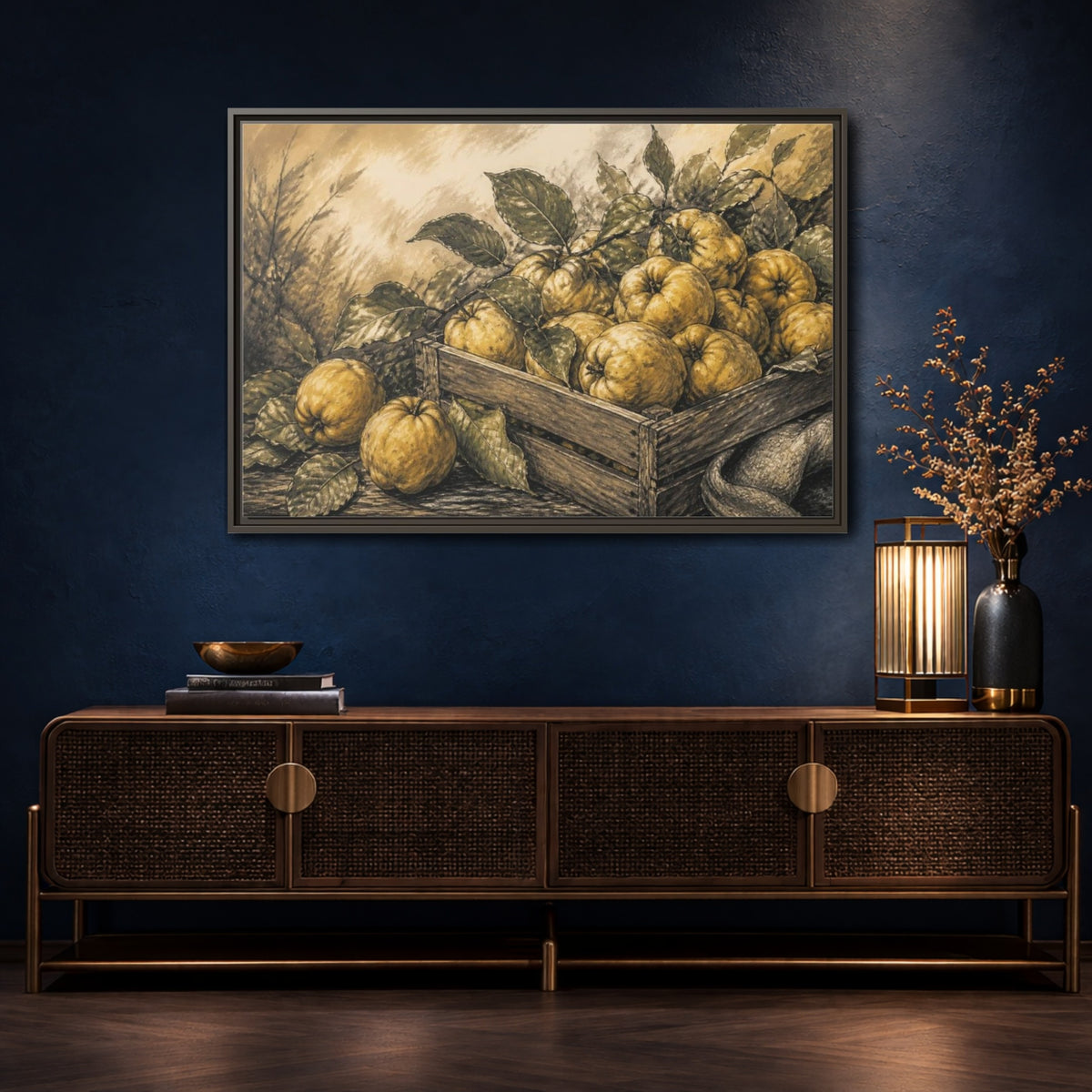 Mockup 4. Rustic Quince Harvest shown as framed canvas print