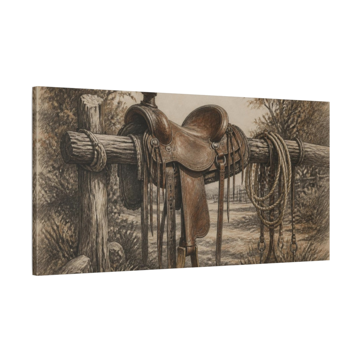 Main Mockup. Rustic Ranch Saddle shown as canvas print