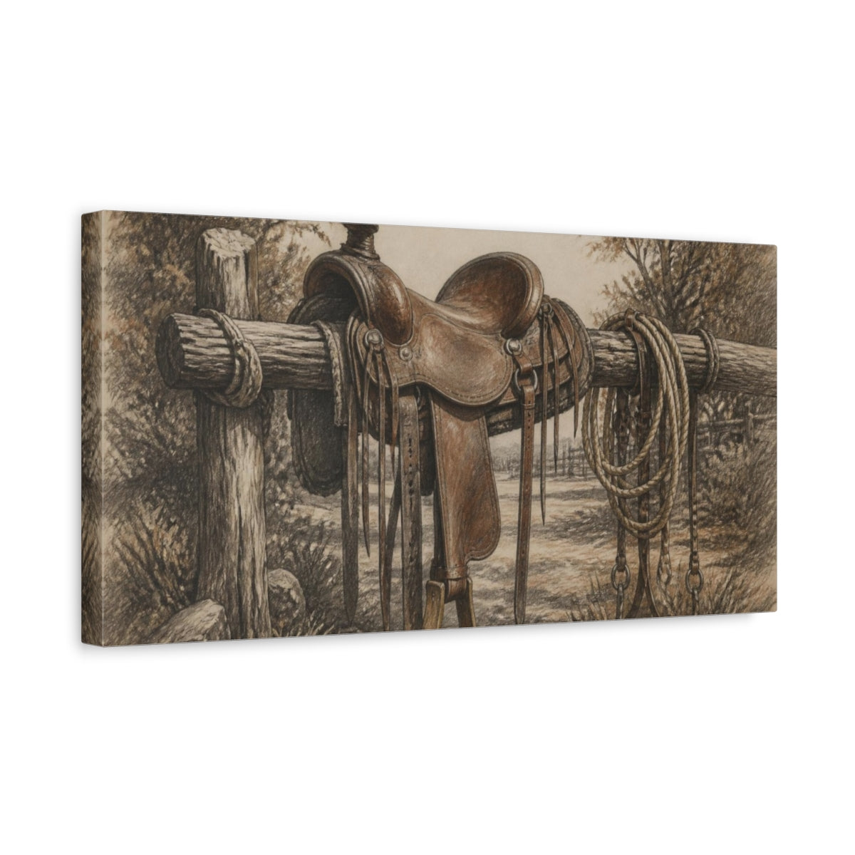 Side Mockup 3. Rustic Ranch Saddle shown as canvas print