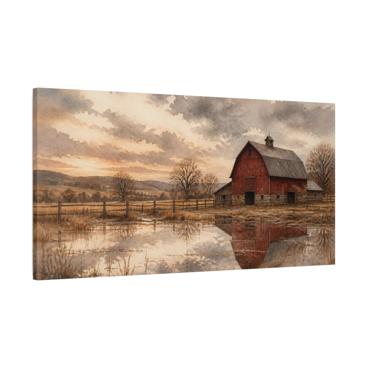 Main Mockup. Rustic Red Barn Reflection shown as canvas print