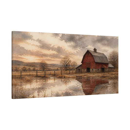 Main Mockup. Rustic Red Barn Reflection shown as canvas print