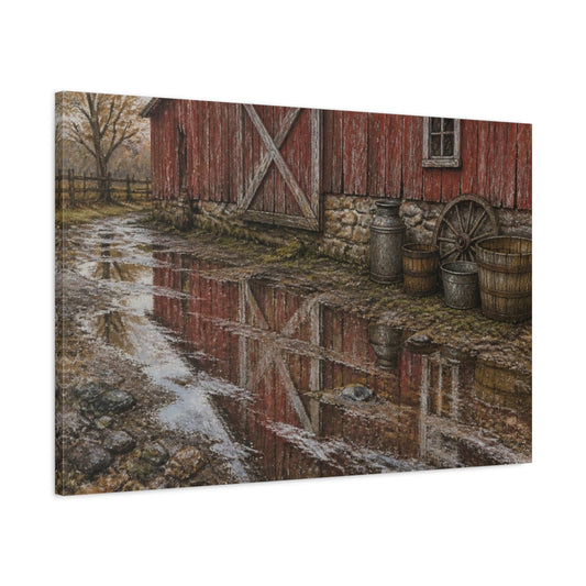 Main Mockup. Rustic Red Barn Reflection shown as canvas print