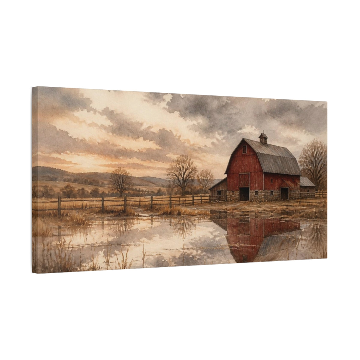 Side Mockup 1. Rustic Red Barn Reflection shown as canvas print
