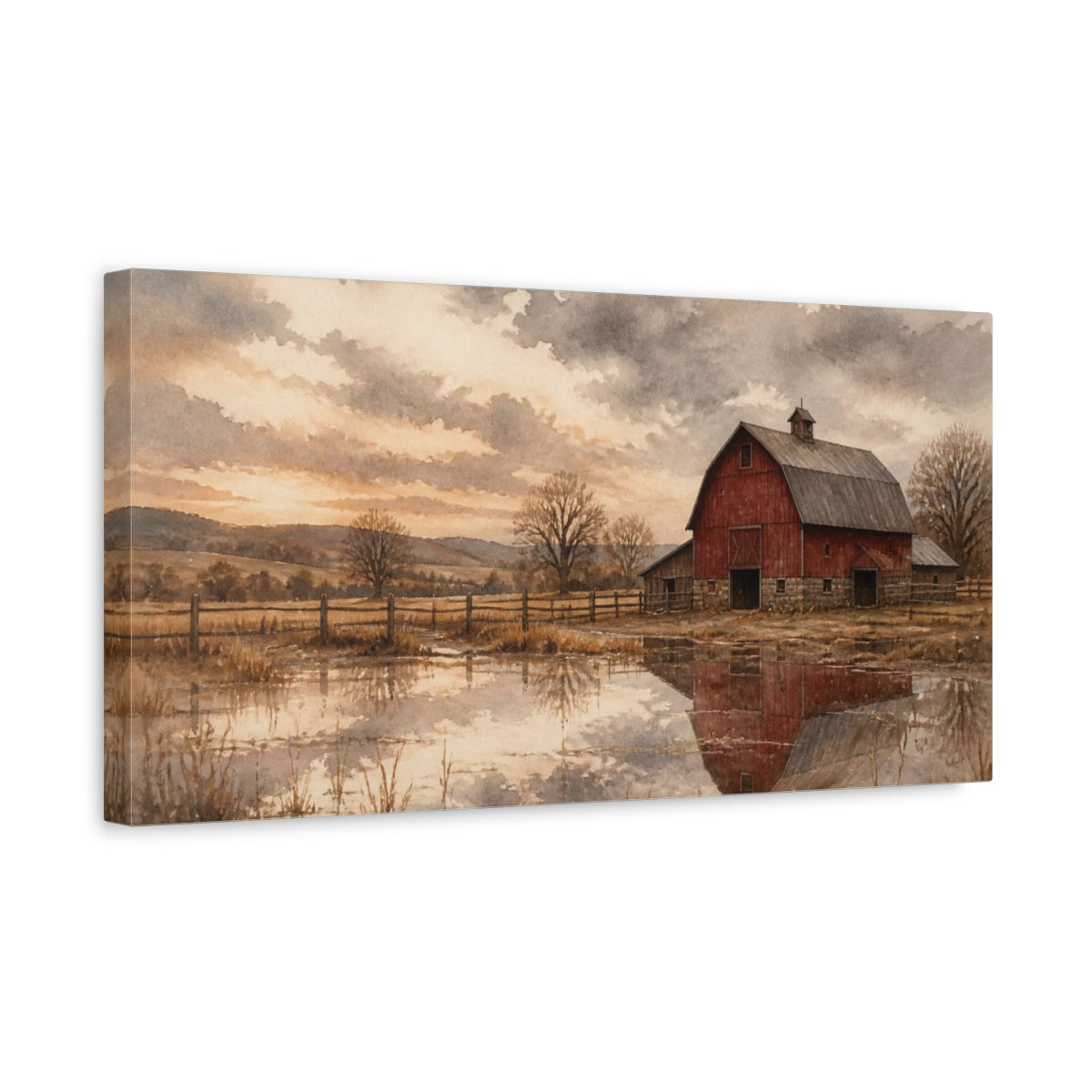 Side Mockup 3. Rustic Red Barn Reflection shown as canvas print