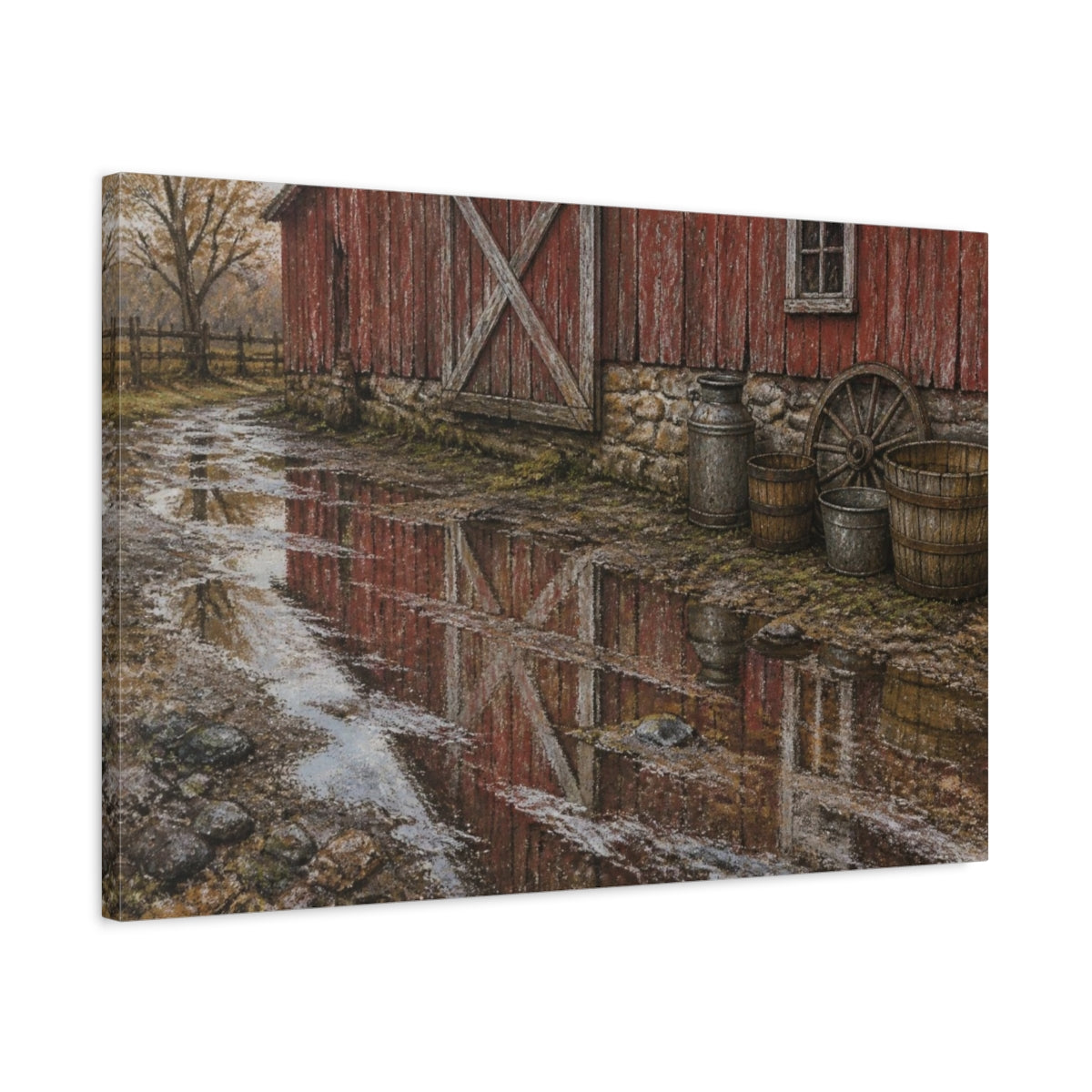 Side Mockup 2. Rustic Red Barn Reflection shown as canvas print