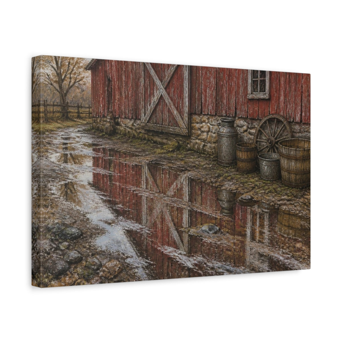 Side Mockup 4. Rustic Red Barn Reflection shown as canvas print