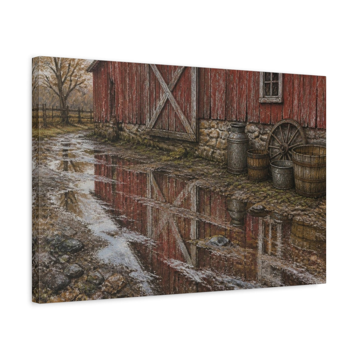 Side Mockup 3. Rustic Red Barn Reflection shown as canvas print