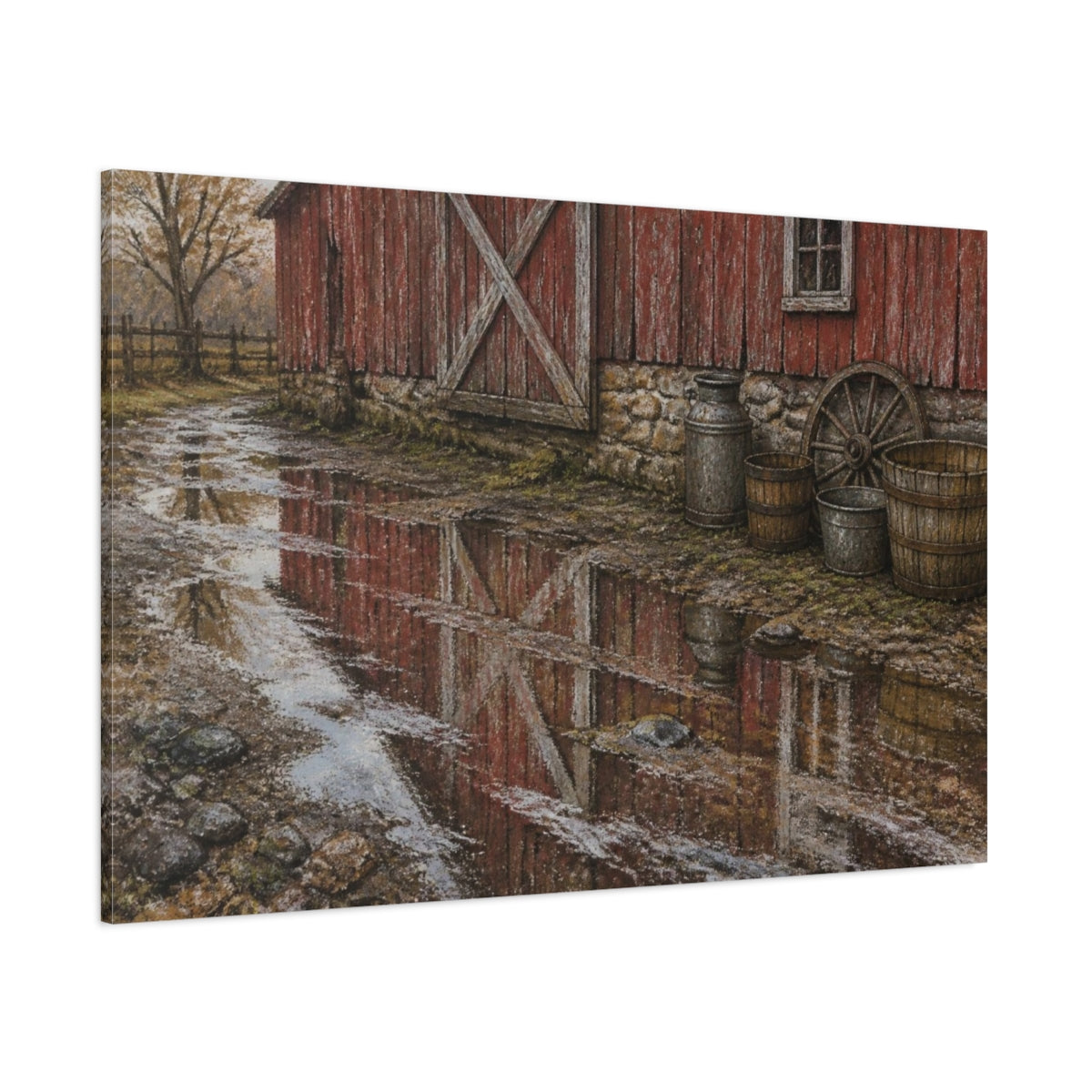 Side Mockup 1. Rustic Red Barn Reflection shown as canvas print