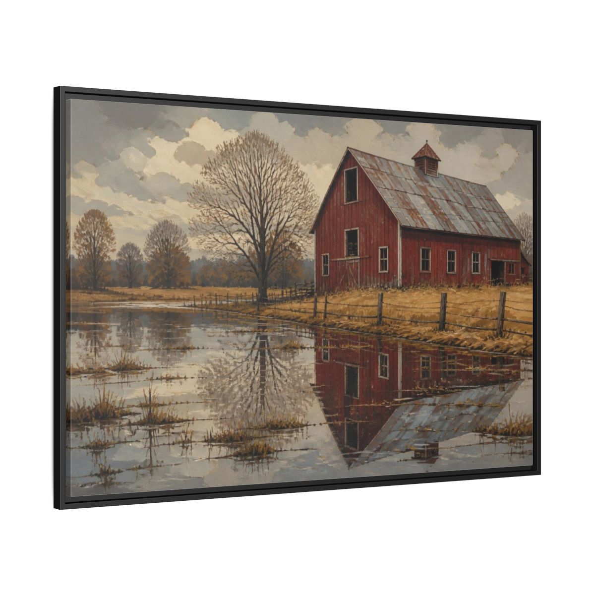 Side Mockup 12. Rustic Red Barn Reflection shown as framed canvas print