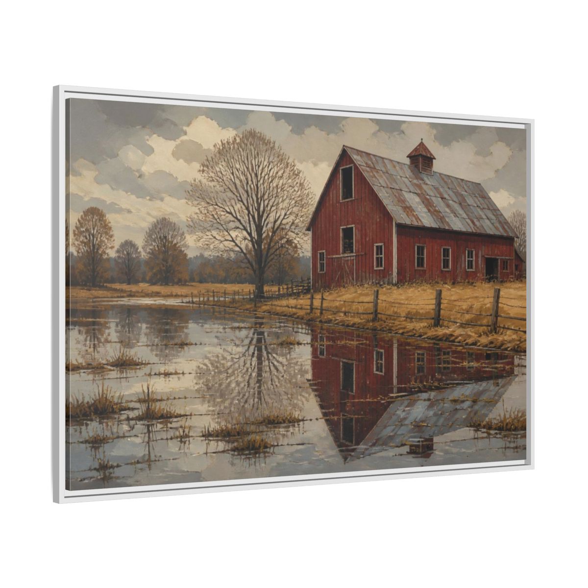 Side Mockup 7. Rustic Red Barn Reflection shown as framed canvas print