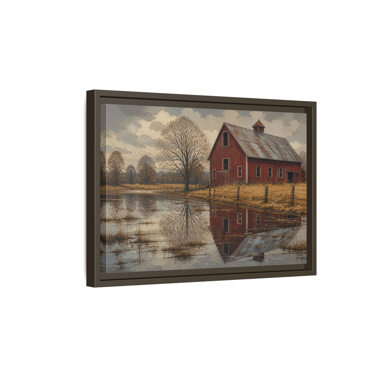 Side Mockup 5. Rustic Red Barn Reflection shown as framed canvas print