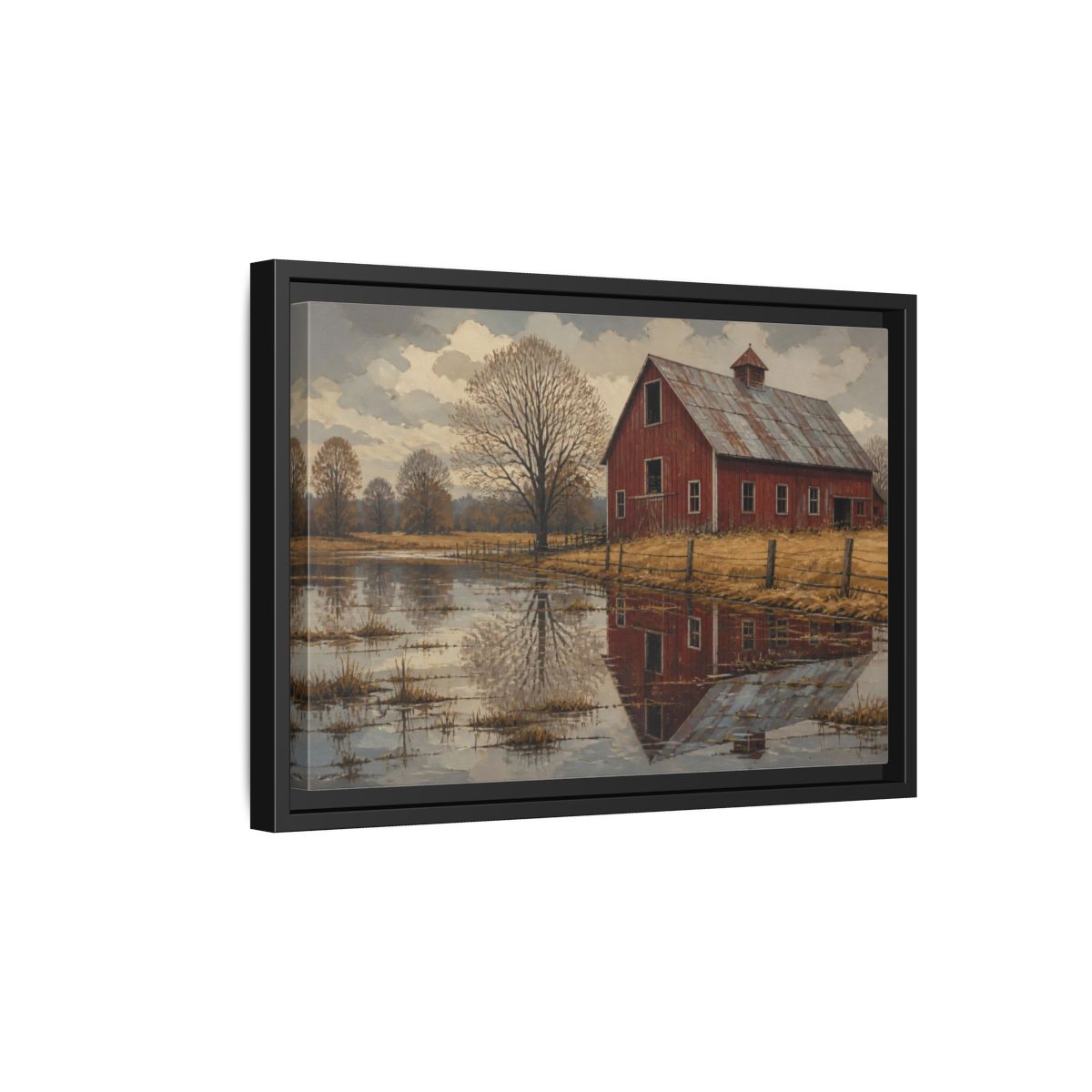 Side Mockup 6. Rustic Red Barn Reflection shown as framed canvas print