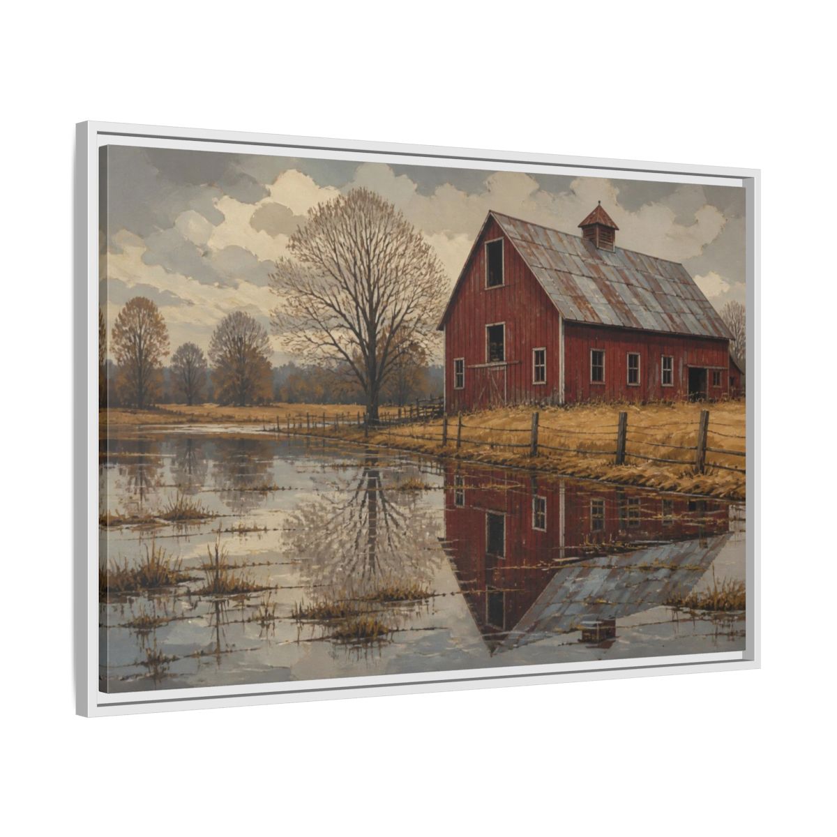 Side Mockup 9. Rustic Red Barn Reflection shown as framed canvas print