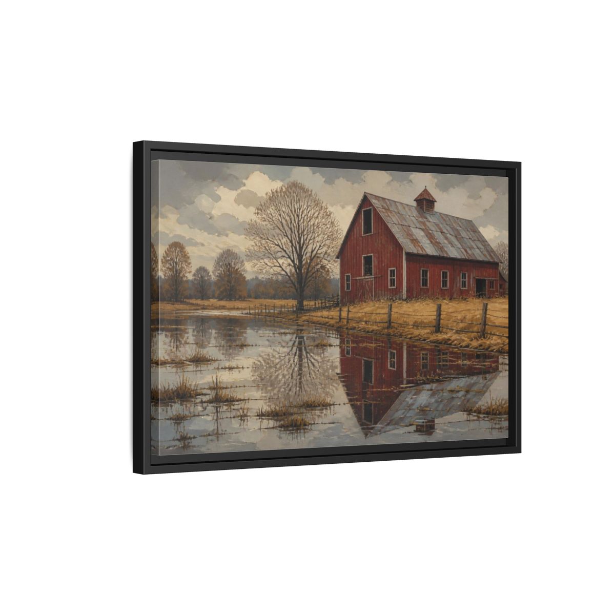 Side Mockup 3. Rustic Red Barn Reflection shown as framed canvas print