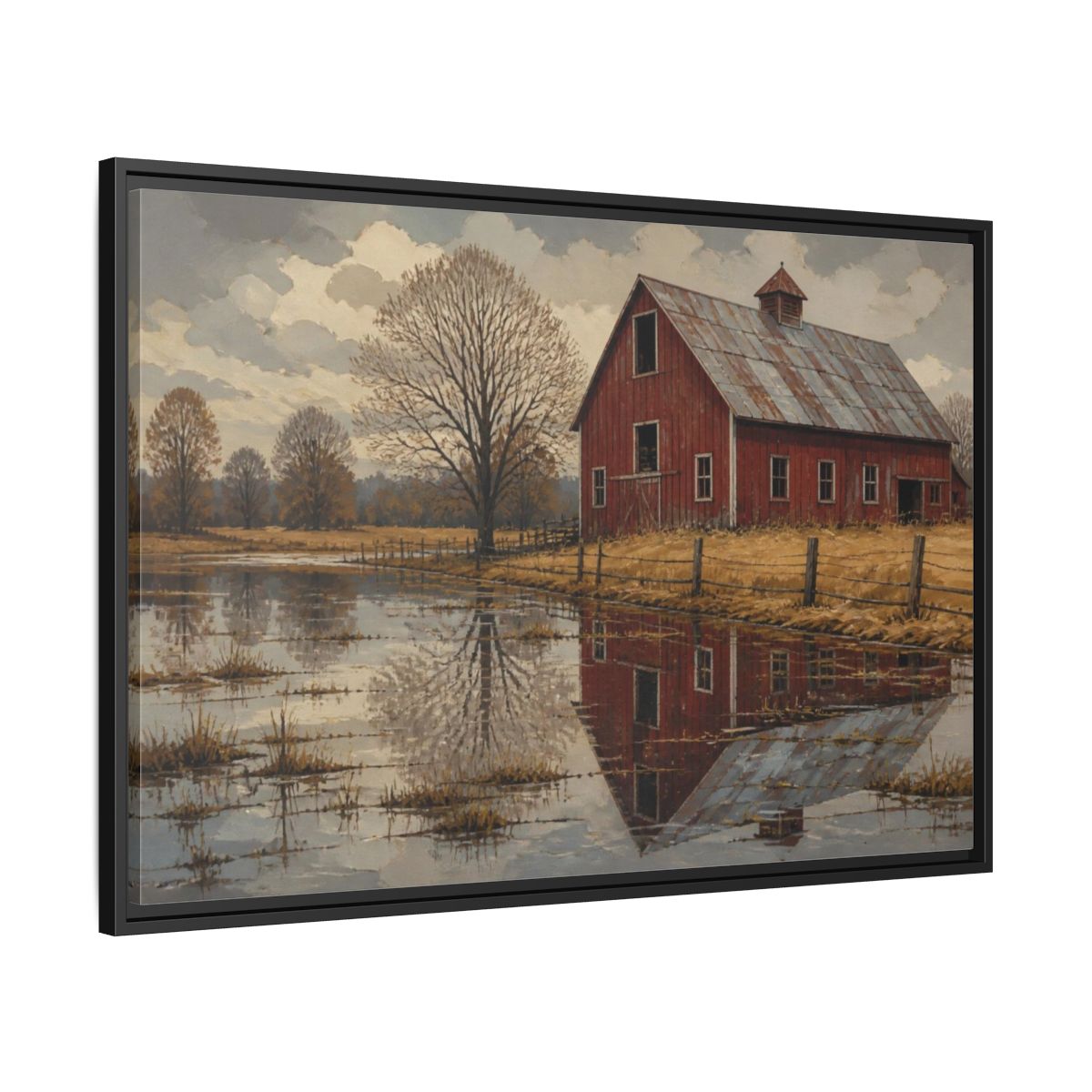 Side Mockup 13. Rustic Red Barn Reflection shown as framed canvas print