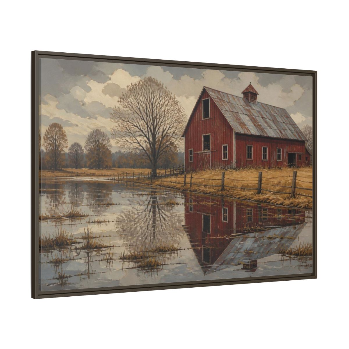 Side Mockup 8. Rustic Red Barn Reflection shown as framed canvas print