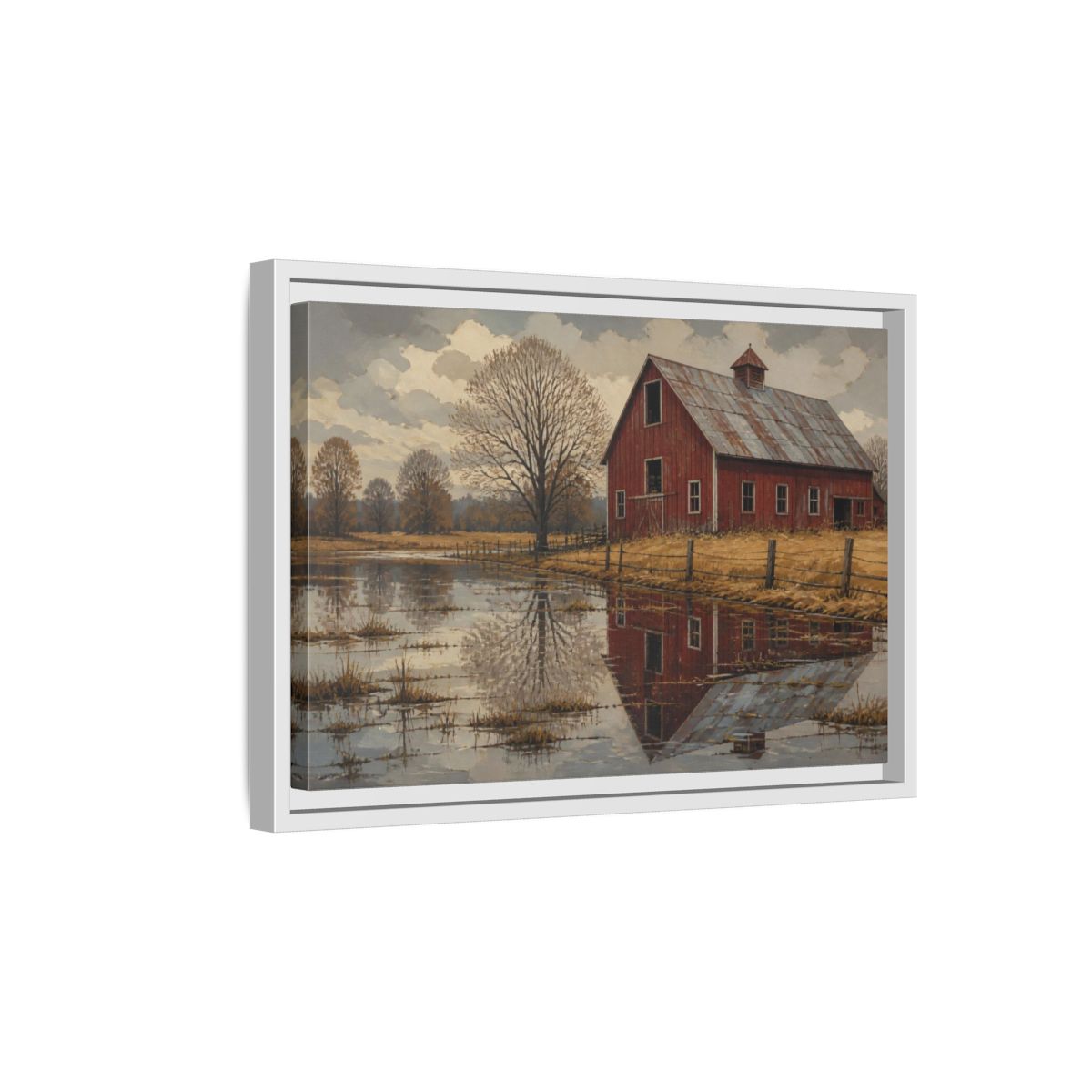 Side Mockup 4. Rustic Red Barn Reflection shown as framed canvas print