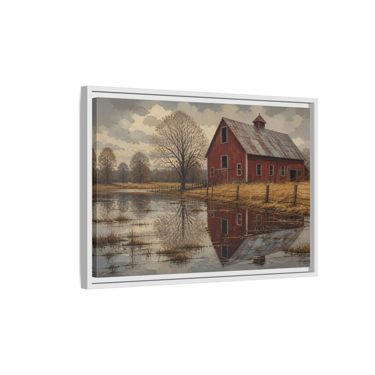 Side Mockup 1. Rustic Red Barn Reflection shown as framed canvas print