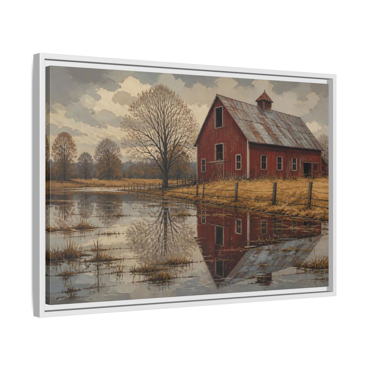 Side Mockup 10. Rustic Red Barn Reflection shown as framed canvas print